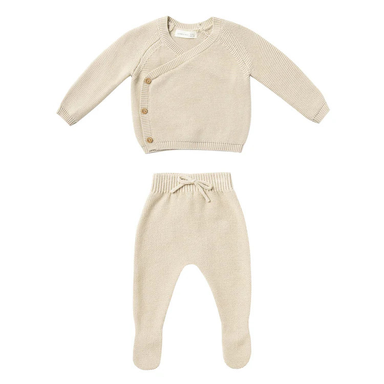Knit Wrap Top & Footed Pant Set, Natural | SpearmintLOVE