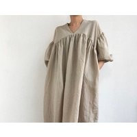 Empire Shirring Linen Dress, Oversized Puff Sleeves Plain Maxi Beige Brown Dress | Etsy (US)