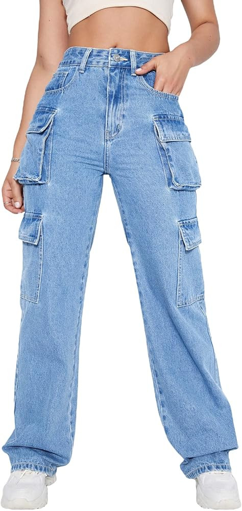 MakeMeChic Women's High Waist Cargo Jeans Flap Pocket Straight Leg Denim Pants | Amazon (US)