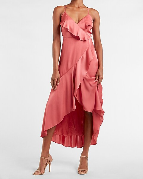 Satin Ruffle Wrap Midi Dress | Express