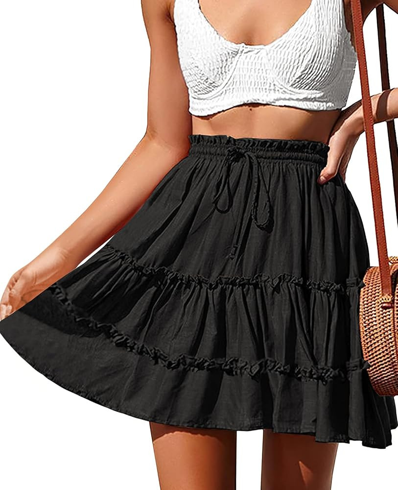 NASHALYLY Women's Summer Boho Floral Print Mini Skirt High Waist Drawstring TieFlame Rose Skirts | Amazon (US)