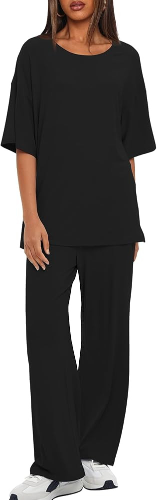 Darong Women's Two Piece Outfits Sets Loose Short Sleeve Side Slit Top Wide Leg Pants Lounge Sets... | Amazon (US)