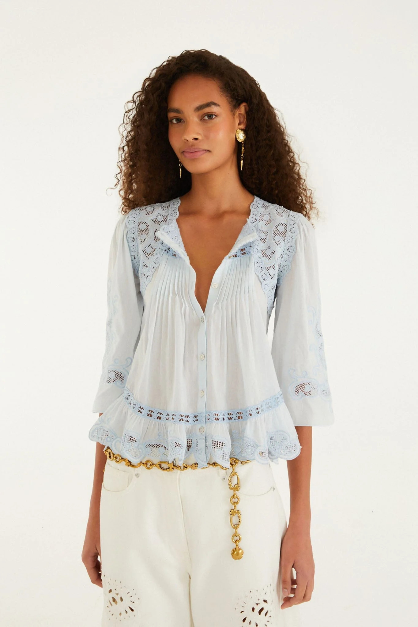 Light Blue Richelieu Short Sleeve Blouse, LIGHT BLUE / S | FarmRio (US)
