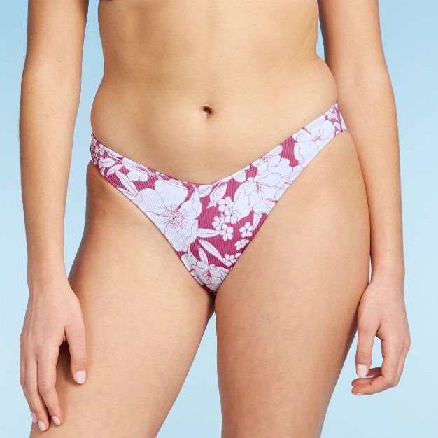 Juniors' Ribbed Cheeky High V-Leg Bikini Bottom - Xhilaration™ Berry Pink Floral Print | Target