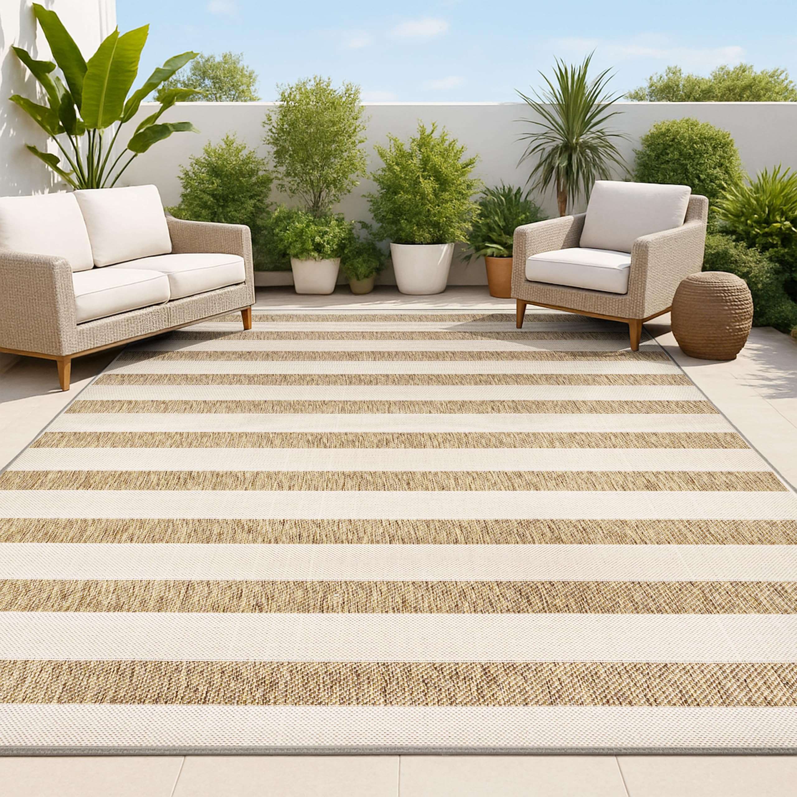 JONATHAN Y Wide Stripe Indoor Outdoor Area Rug 8X10 Beige/Brown, Aveiro for Backyard, Patio, Porc... | Amazon (US)