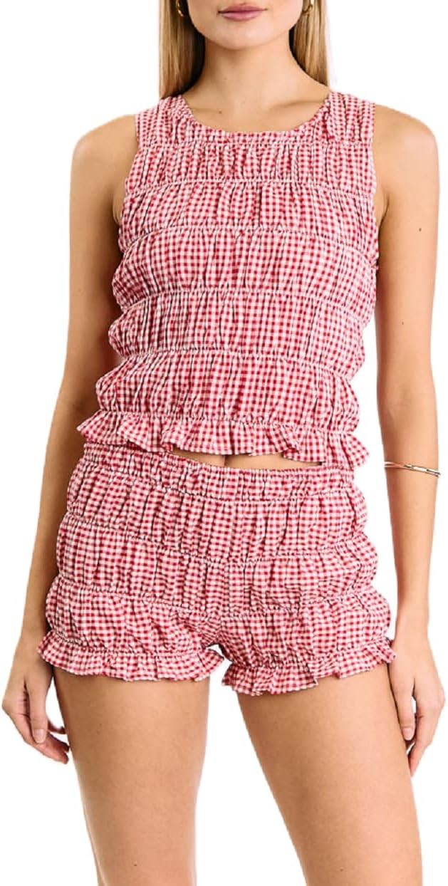 Women Y2K Ruffle Pajama Set Gingham Ruched Tank Top Tiered Mini Boxer Shorts Set Bow Two Piece Lo... | Amazon (US)