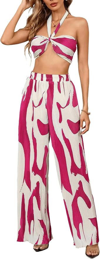 OYOANGLE Women's 2 Piece Vacation Outfits Graphic Print Knitted Crop Halter Top and Wide Leg Pant... | Amazon (US)
