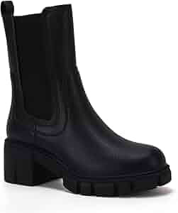 TINSTREE Women's Lug Sole Platform Boots Mid Calf Elastic Chunky Block Heel Leather Chelsea Booti... | Amazon (US)