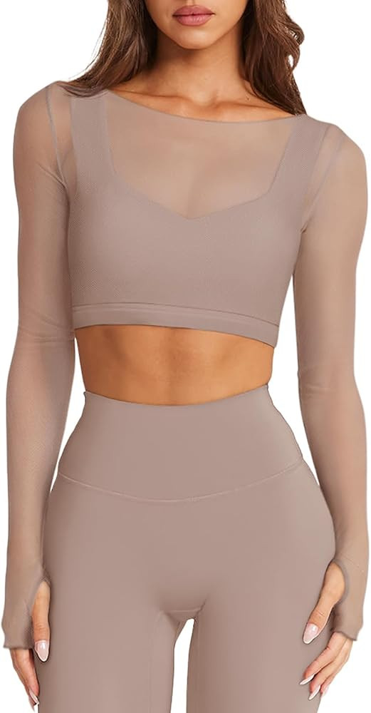 LASLULU Mesh Long Sleeve Crop Tops for Women Double Lined Workout Athletic Gym Shirts Cropped Top... | Amazon (US)