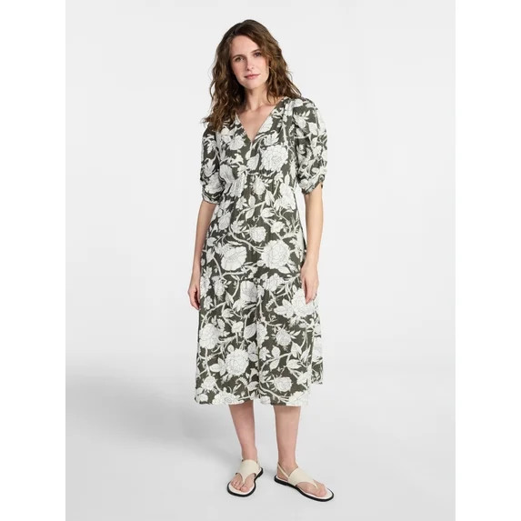 Time and Tru Women's Cotton Tiered Midi Dress with Elbow Length Sleeves, Sizes XS-XXXL | Walmart (US)