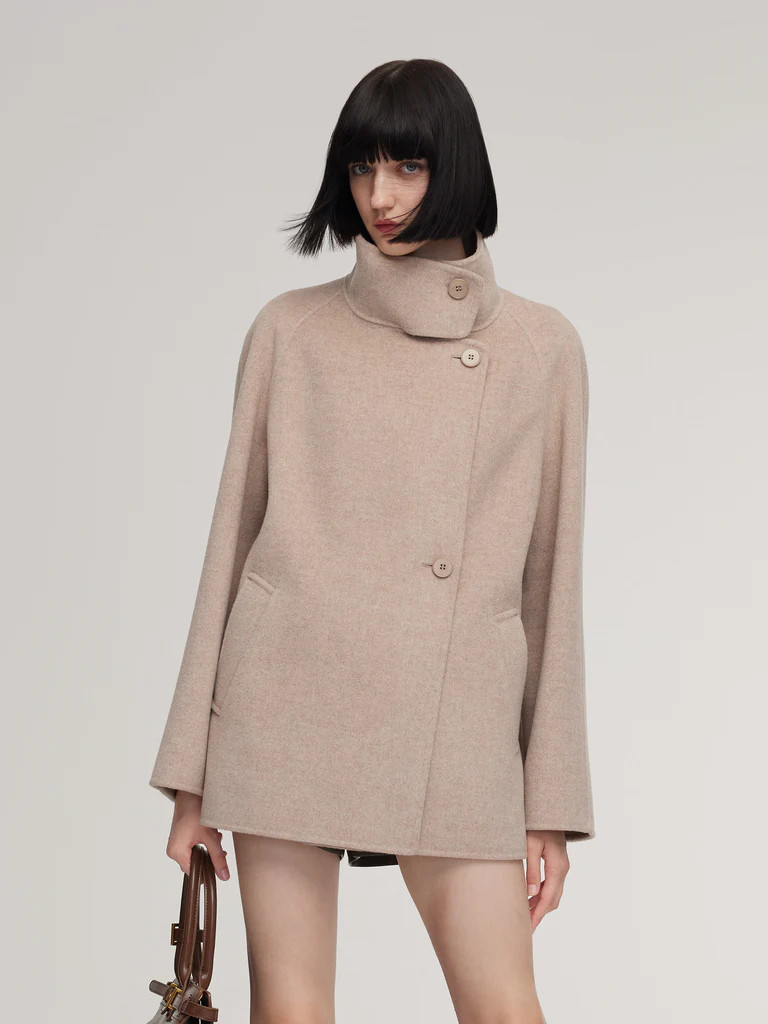 [Preview] Cashmere Wool Blend Funnel Neck Women Coat | GOELIA