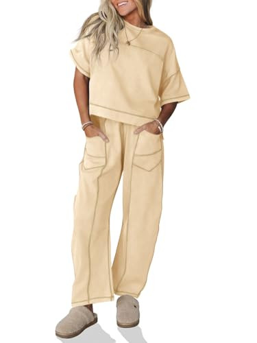 Fisoew Womens 2 Piece Outfits Lounge Sets Short Sleeve Tops and Wide Leg Pants Travel Vacation Ca... | Amazon (US)