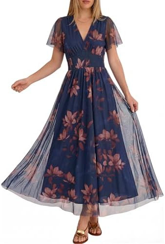 ANRABESS Women Summer Floral Maxi Dress Short Sleeve Boho Flowy Tulle Beach Vacation Wedding Gues... | Amazon (US)