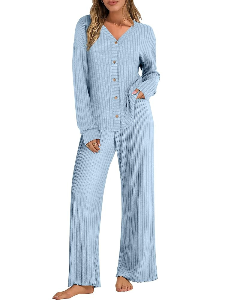 ANRABESS Women's 2 Piece Lounge Pajama Sets Ribbed Long Sleeve Button Top Matching Pants Sleepwea... | Amazon (US)
