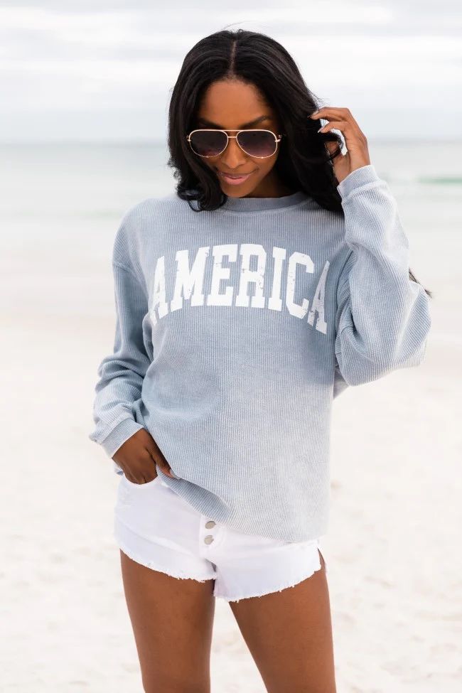 America Distressed Faded Denim Block Corded Graphic Sweatshirt | The Pink Lily Boutique