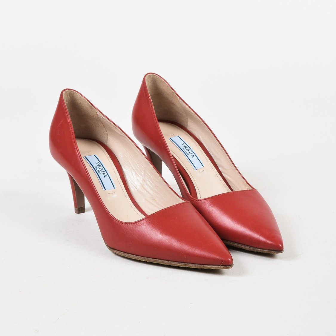 Prada Red Leather Pointy Toe Mid Heel Pumps SZ 34 | Luxury Garage Sale