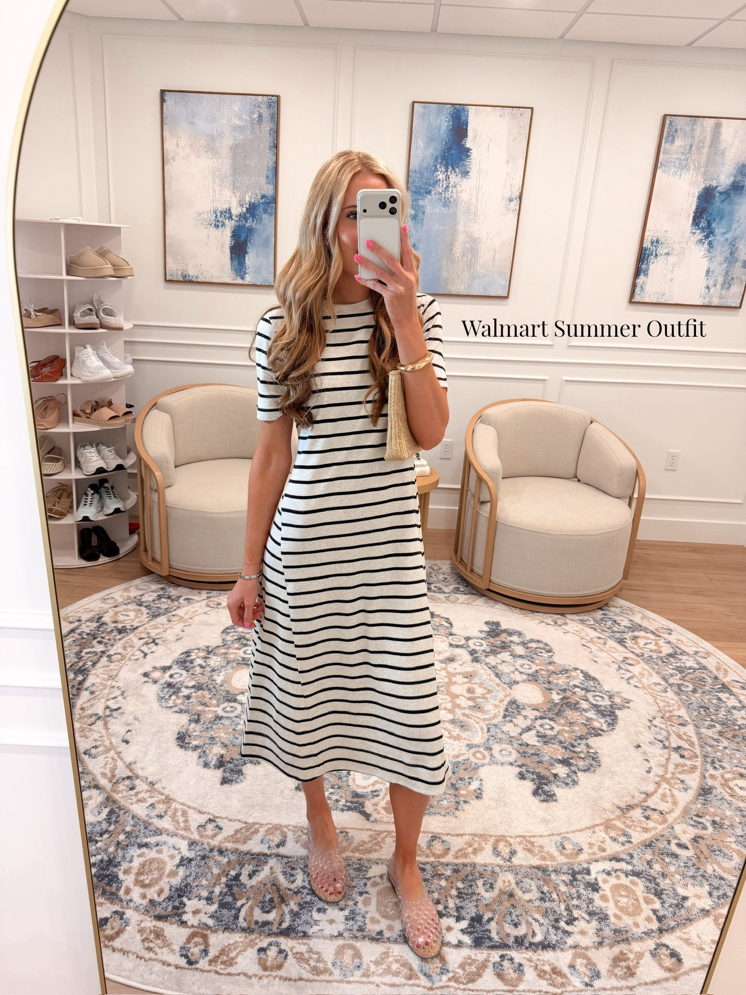 @Walmart finds are seriously unmatched this summer 🖤🤍✨ This black and white striped midi dress is giving classic coastal vibes — short sleeves, the perfect length, and so effortlessly chic. Styled it with clear studded sandals and a woven clutch and everything is linked right here for you!

#LTKdayinmylife #LTKgrwm #LTKootd