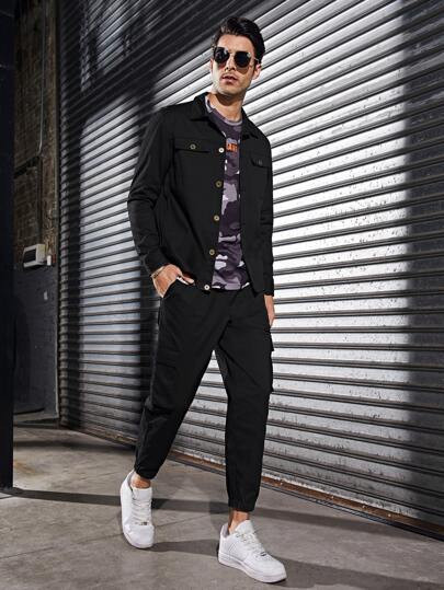 SHEIN Men Flap Pocket Shirt & Cargo Pants Set | SHEIN