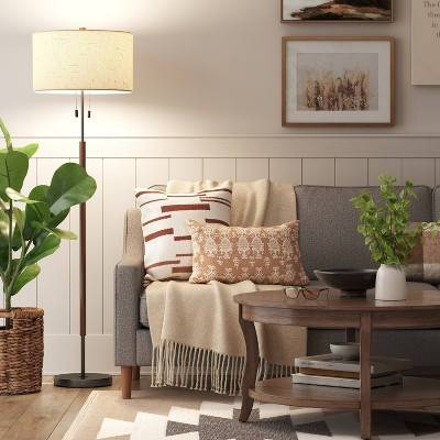 60.5"x18" Cut Off Base Floor Lamp Black/Brown Metal/Wood - Threshold™: Modern Standing Light for Living Room, Dual Pull Chain | Target