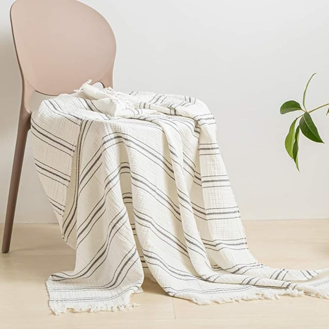 Yarn Dyed Striped Cotton Throw Blanket Cable Knit Woven with Tassels Soft Lightweight Cozy Blanke... | Amazon (US)
