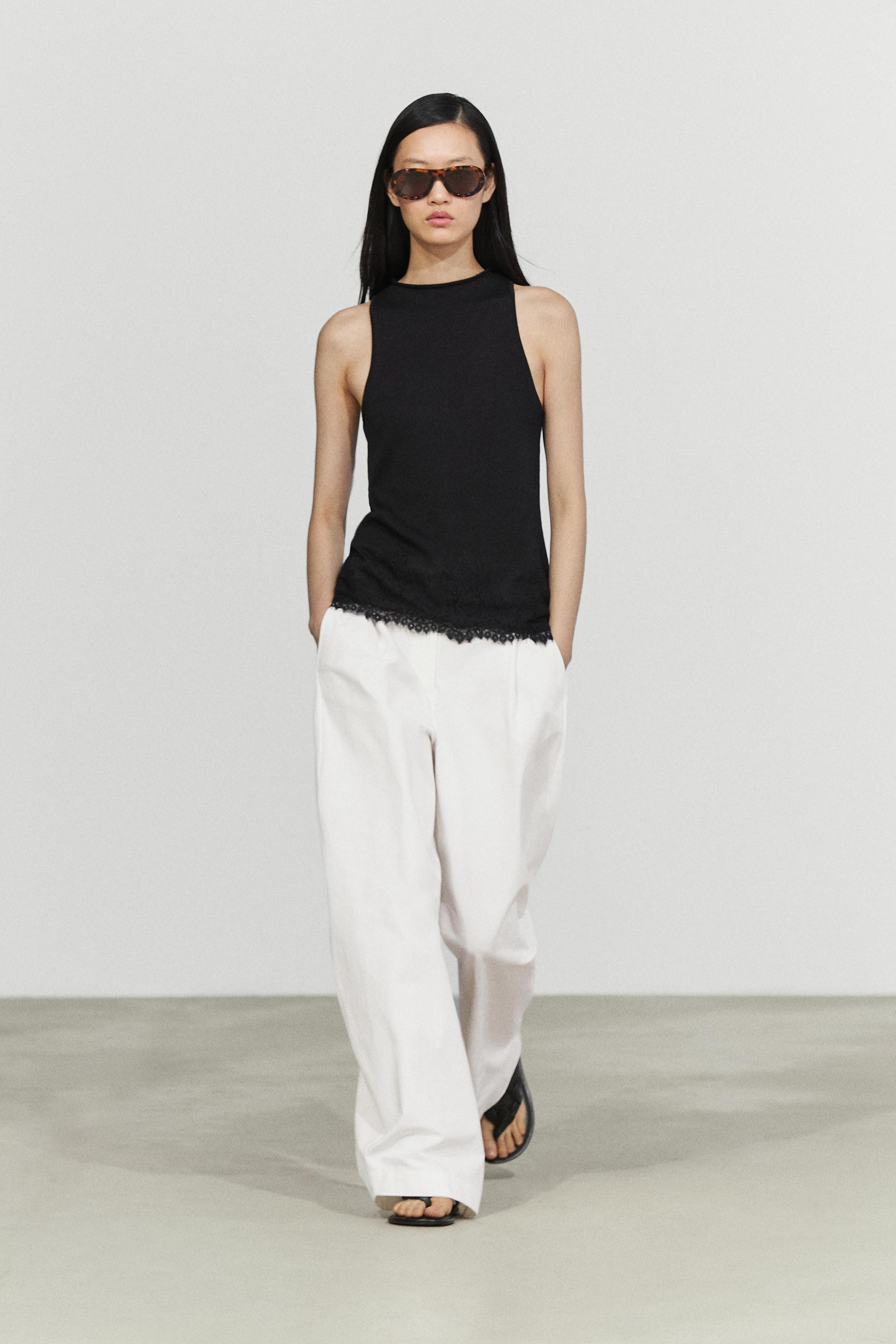 Lace detail halter top | Massimo Dutti US