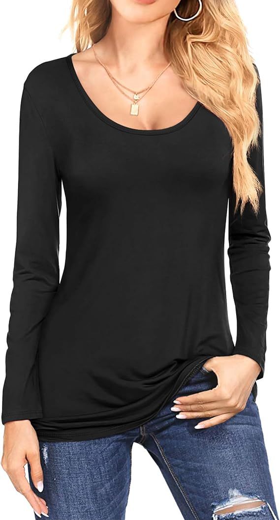 Amoretu Womens Scoop Neck Short/Long Sleeve Tee Tops Cotton T-Shirts Blouses | Amazon (US)