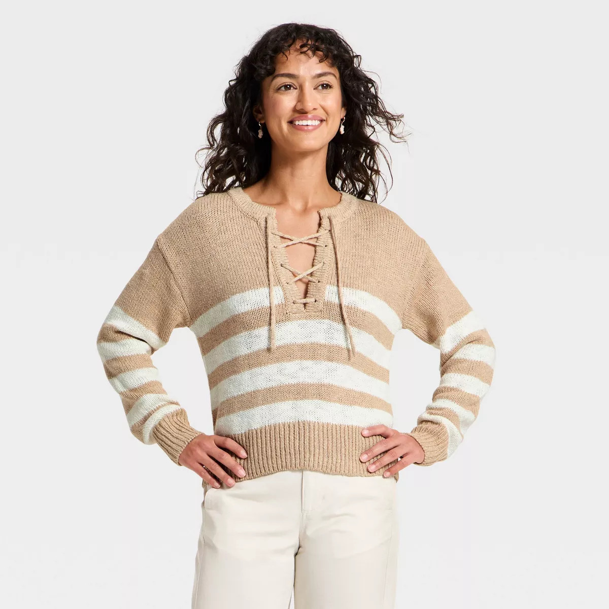 Women's Lace Up Crewneck Pullover Sweater - Universal Thread™ Oatmeal Striped L | Target