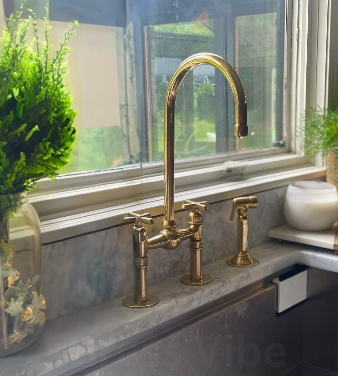 Unlacquered Brass Kitchen Faucet Antique Style Sink Faucet Solid Brass Bridge Faucet Kitchen Fauc... | Etsy (US)