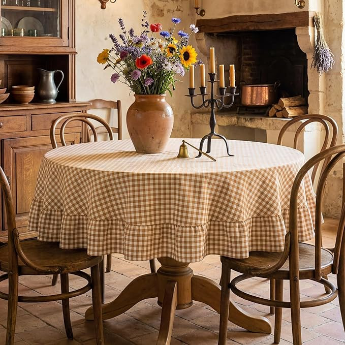 Brown Gingham Ruffled Tablecloth 70 x 70 Inches Round Cotton Linen Checkered Table Cloth Buffalo ... | Amazon (US)