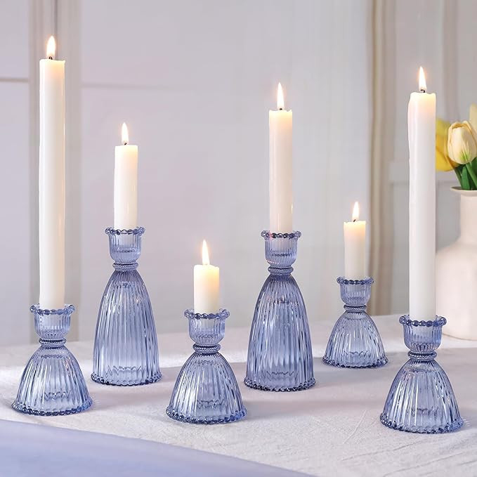 6 Pcs Blue Glass Candlestick Holders (3.5"/6", Assorted)- Tall Taper Candle Holders with Vintage ... | Amazon (US)