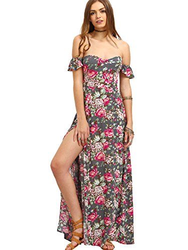 Milumia Women's Off The Shoulder Floral Print Split Maxi Dress Grey M | Amazon (US)