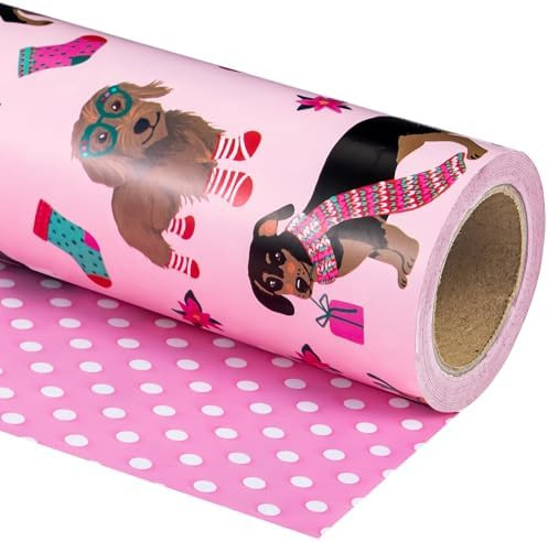 WRAPAHOLIC Reversible Dog Christmas Wrapping Paper - Mini Roll - 17 Inch x 33 Feet - Pink Christm... | Amazon (US)