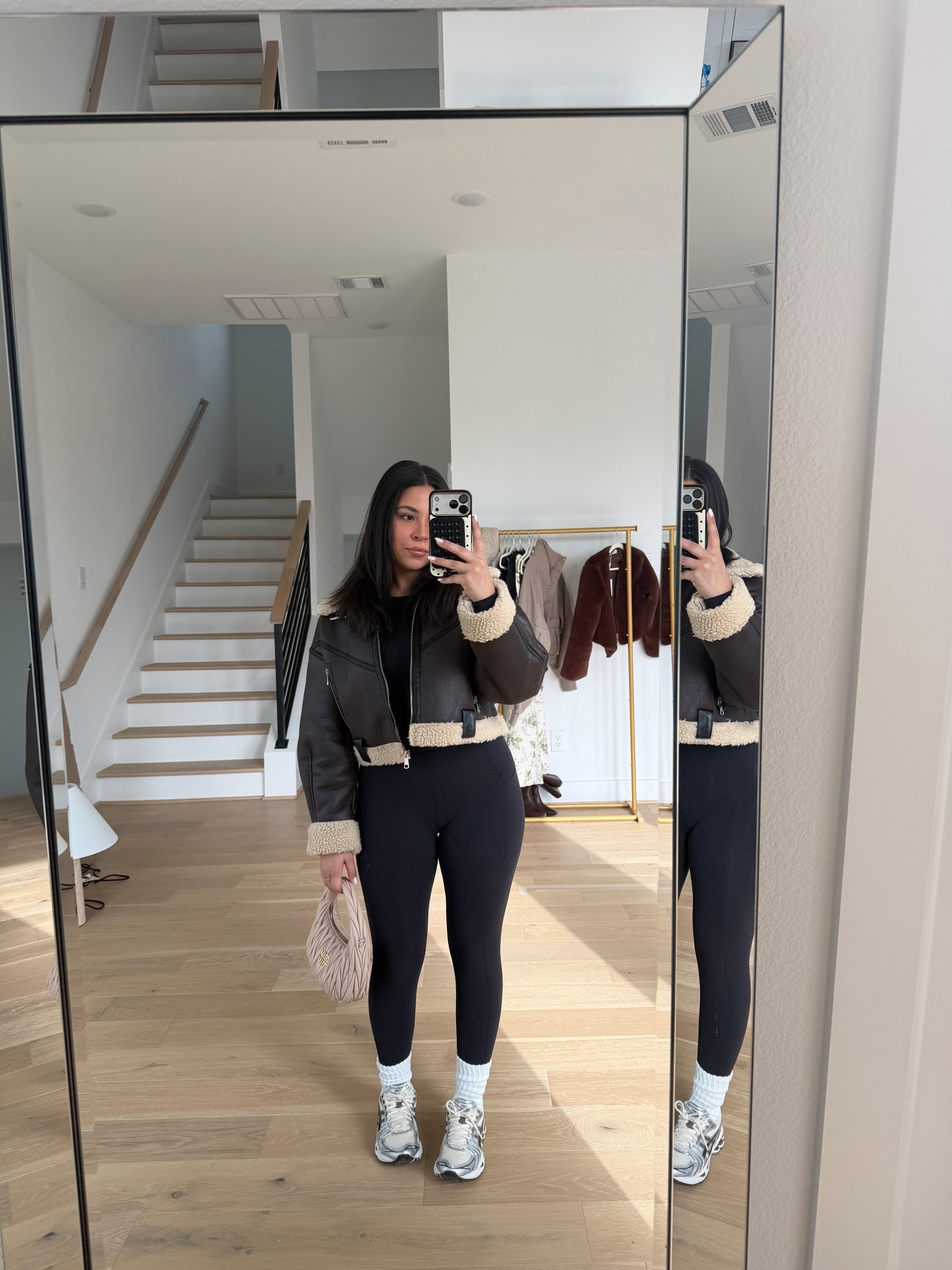 Matcha run outfit 
Sherpa lined jacket: small 
Leggings: small 
Long sleeve top: small 
Sneakers: 5  
Scrunch socks 
Miu miu bag 

#LTKgrwm #LTKFindsUnder100 #LTKootd