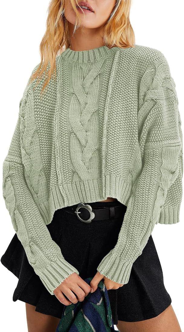 Panadila Womens Cropped Sweater Crew Neck Cable Knit Sweater Ribbed Long Sleeve Top Soft Boxy Pul... | Amazon (US)