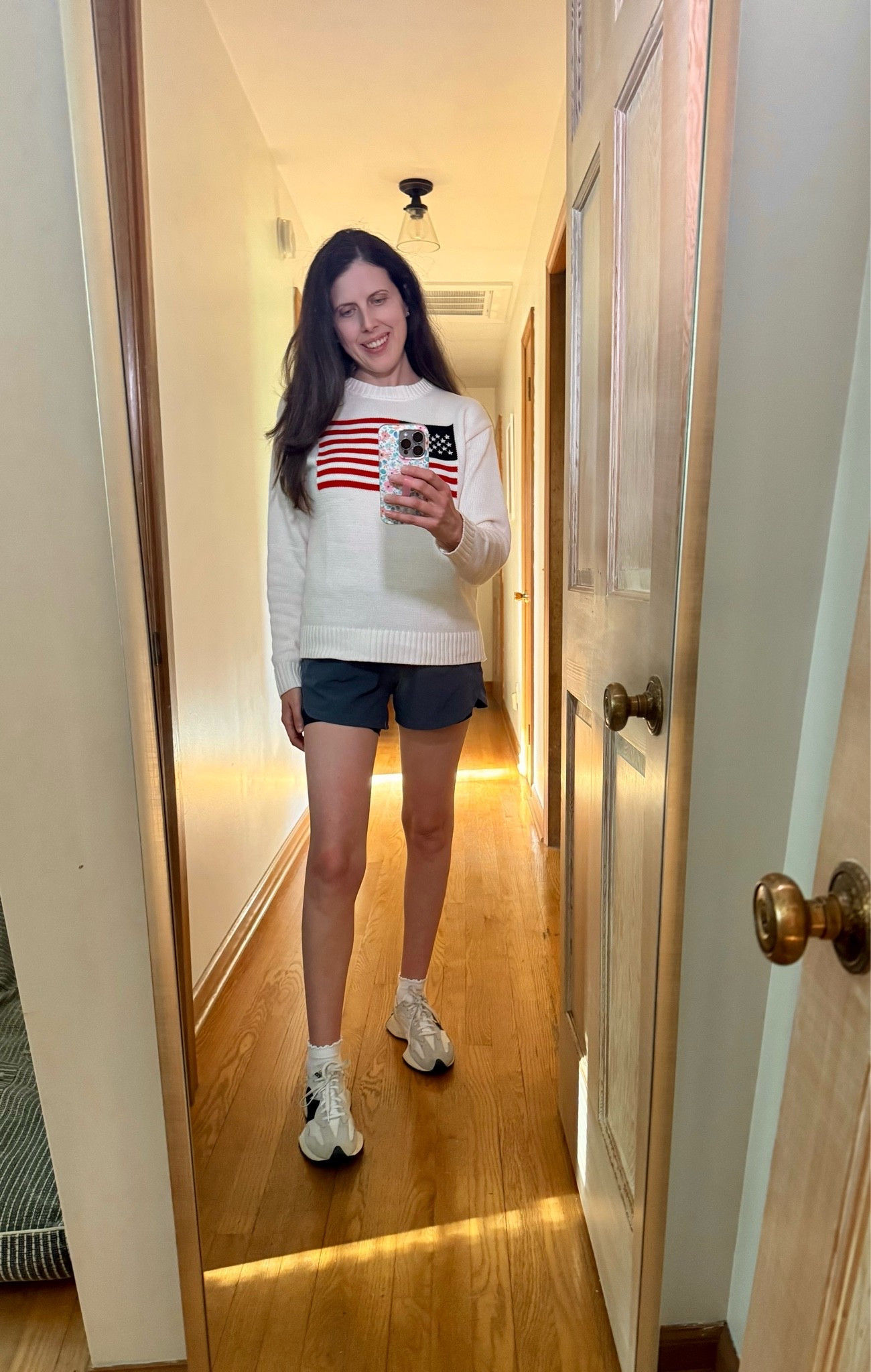Yesterday’s outfit to run errands 🇺🇸. Love this flag sweater from Amazon, great quality for the price! 
Running shorts, new balance 327 sneakers are my favorite because they’re so comfortable! 4th of July outfit

#LTKdayinmylife #LTKgrwm #LTKootd