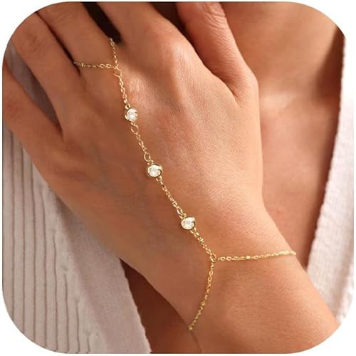BAYLAY Hand Chain Bracelet, 14K Gold Plated Ring Bracelet Hand Chain Dainty Gold Bracelet for Wom... | Amazon (US)