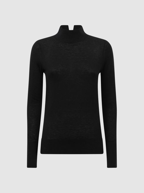 Reiss Black Kylie Merino Wool Fitted Funnel Neck Top | Reiss UK