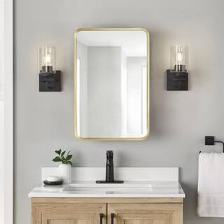 Glacier Bay 16 in. W x 24 in. H Rounded Corner Rectangular Brushed Gold Medicine Cabinet with Mir... | The Home Depot