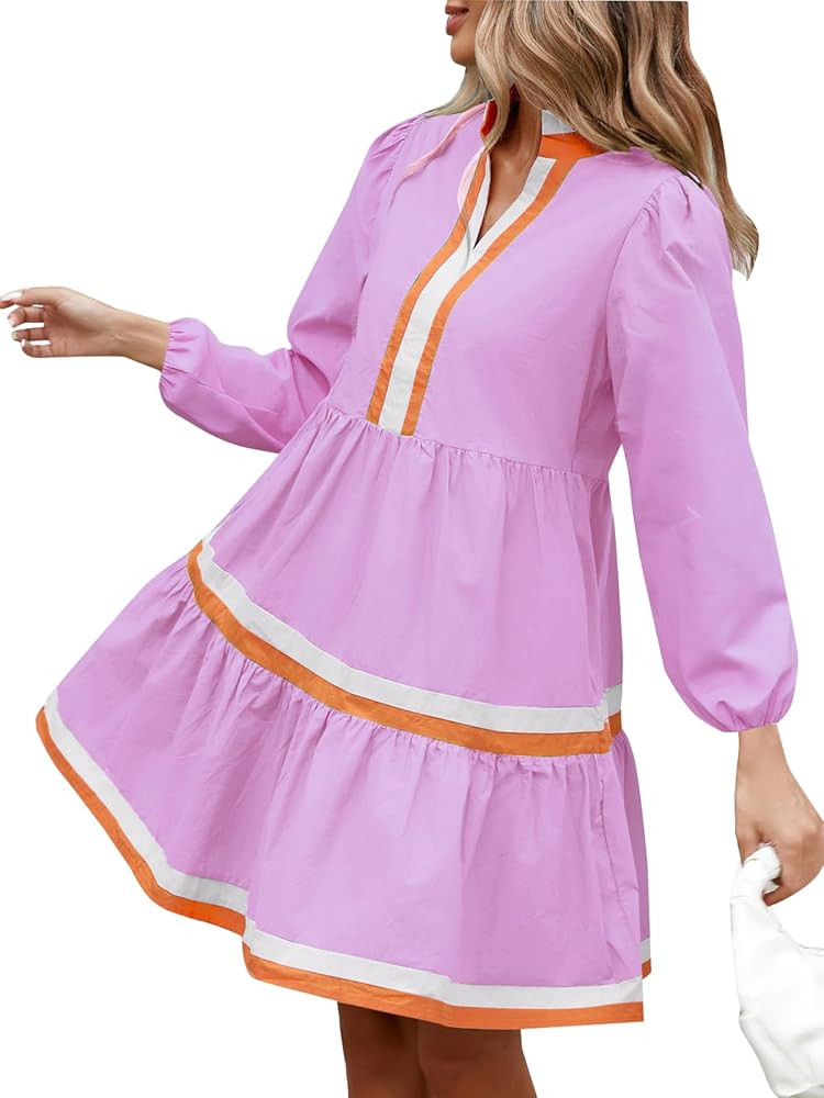 Womens Puff Long Sleeve Babydoll Dress V Neck Navy Blue Striped Color Block Tiered Mini Dresses | Amazon (US)