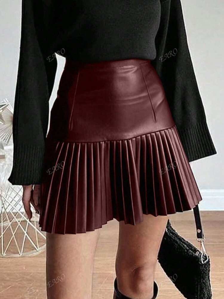 Women's Solid Color Minimalist Pleated A-Line Skirt, Casual Versatile High-End PU Leather Design, Suitable For Commuting, Autumn/Winter | SHEIN