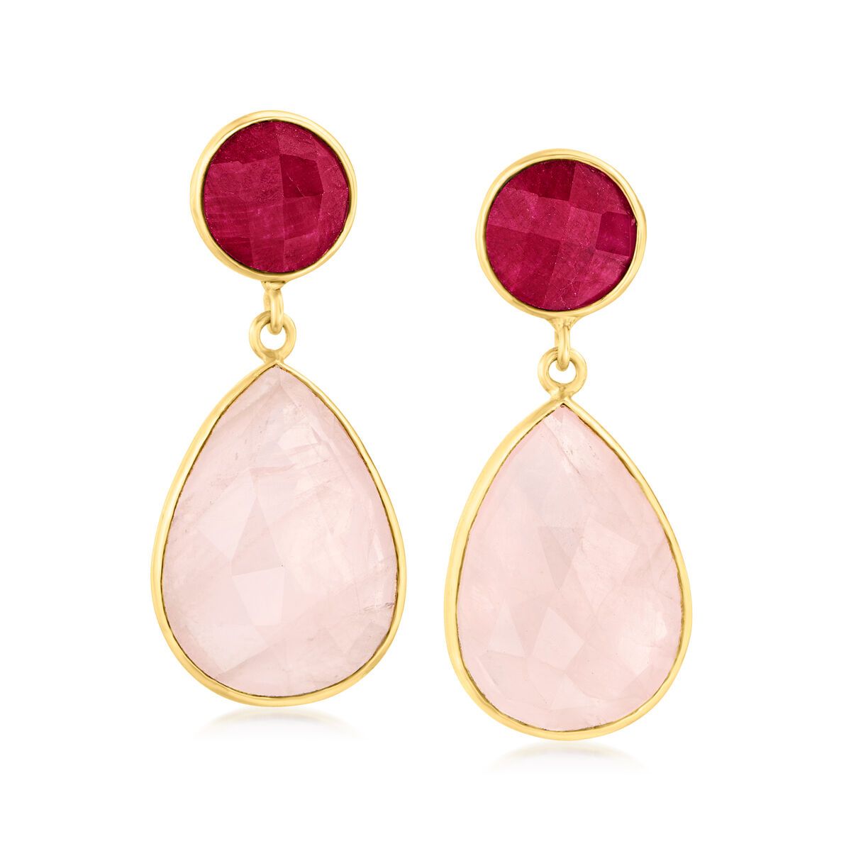 18.00 ct. t.w. Rose Quartz and 2.80 ct. t.w. Ruby Drop Earrings in 18kt Gold Over Sterling | Ross-Simons