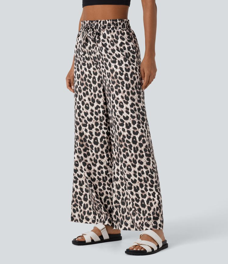 High Waisted Drawstring Pocket Leopard Print Wide Leg Casual Pants | HALARA
