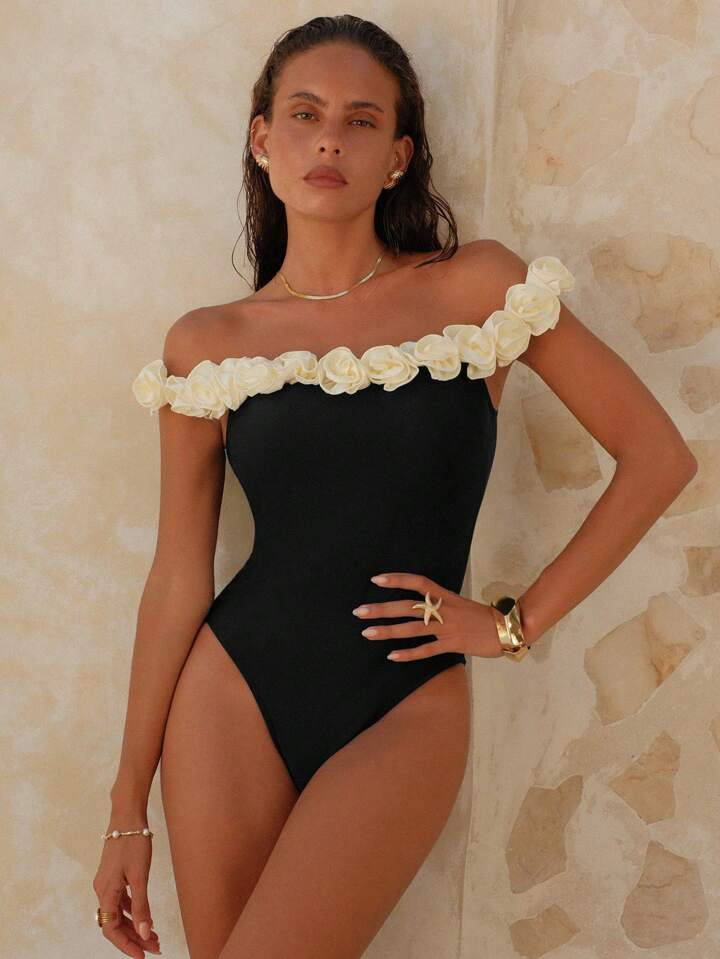 Swim Chiccia Women's Sexy Tight Black Vacation Floral One-Piece Tube Top Beach Swimsuit | SHEIN