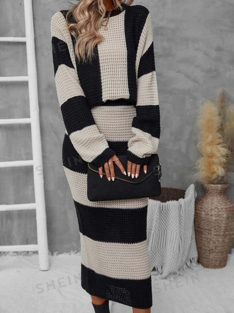 SHEIN LUNE Two Tone Drop Shoulder Sweater & Knit Skirt | SHEIN | SHEIN