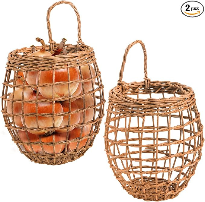 Elsjoy Set of 2 Hanging Onion Basket, Wall Mount Wicker Baskets for Storage Kitchen Woven Rattan ... | Amazon (US)