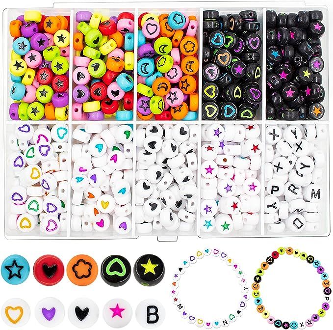 750 Pcs Acrylic Heart Beads Star Beads Flat Round Disc Coin Pony Beads(4x7mm) Colorful Heart Star... | Amazon (US)