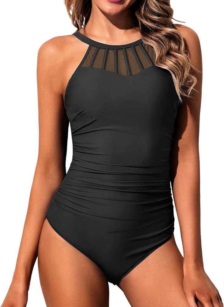 Holipick Black Women High Neck One Piece Swimsuit Tummy Control Bathing Suit Modest Swimwear | Amazon (US)