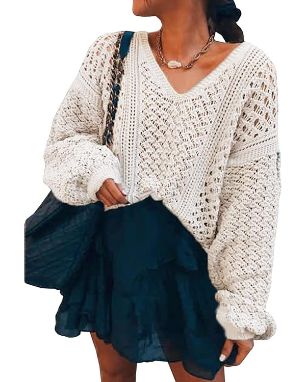 CCTOO Women's Sweaters Casual Oversized V Neck Off Shoulder Sexy Crochet Sweater Batwing Sleeve P... | Amazon (US)