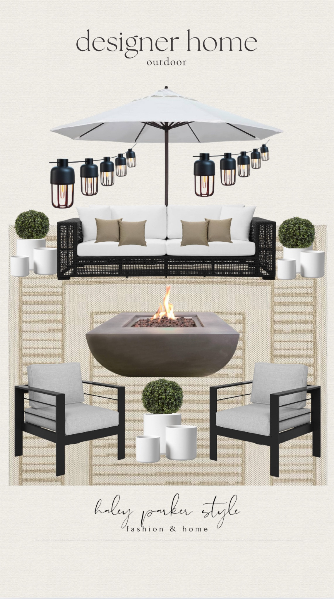 Designer home outdoor patio! 

Outdoor furniture, fire pit, chair, planter, plant, rug, couch, lights, umbrella. Home decor 

#LTKHome #LTKFindsUnder100 #LTKSaleAlert