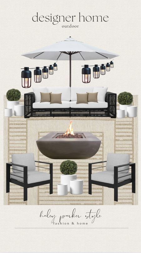 Designer home outdoor patio! 

Outdoor furniture, fire pit, chair, planter, plant, rug, couch, lights, umbrella. Home decor 

#LTKHome #LTKFindsUnder100 #LTKSaleAlert
